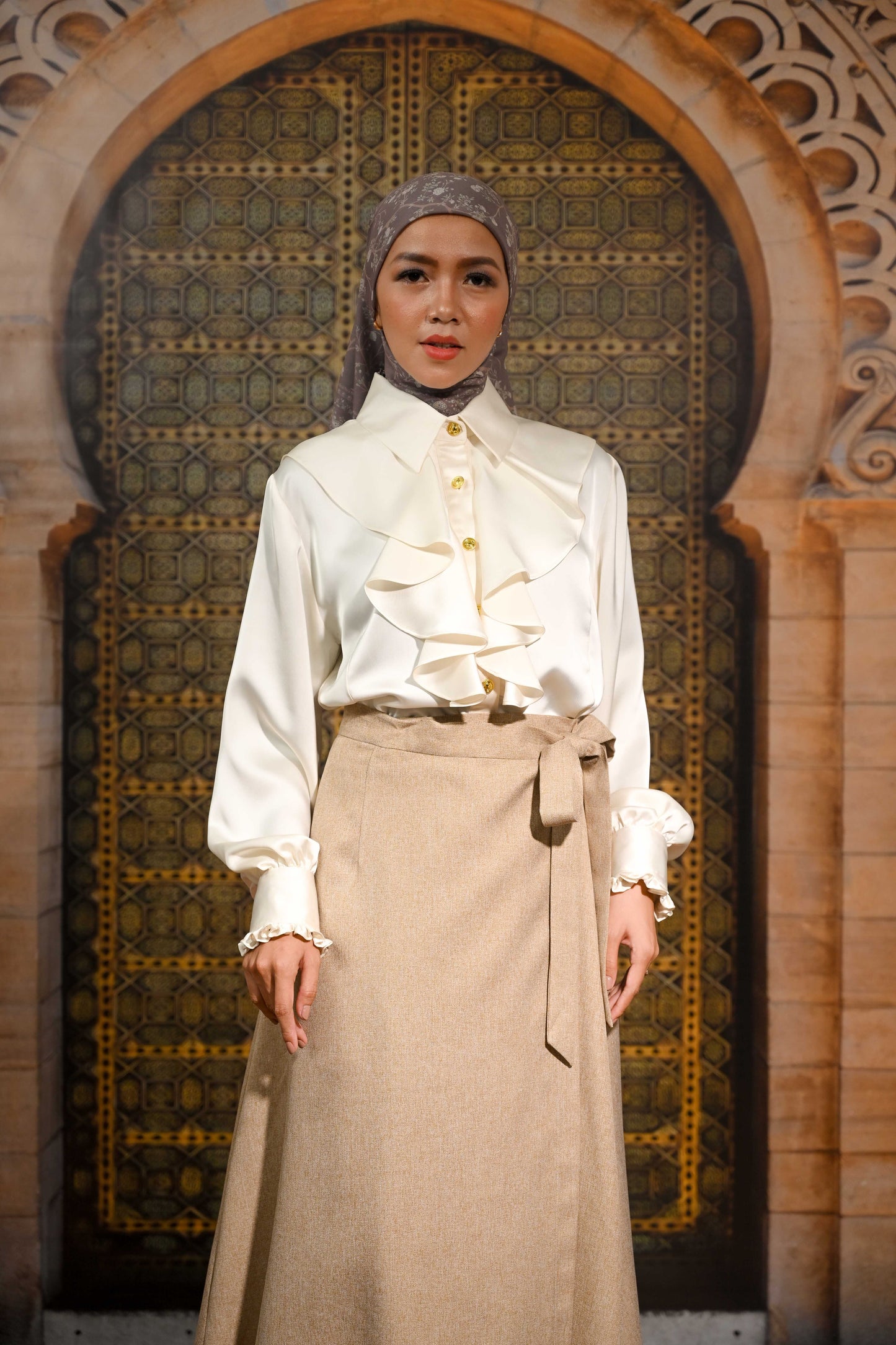 Evangeline Satin Ruffle Blouse Ivory Pearl