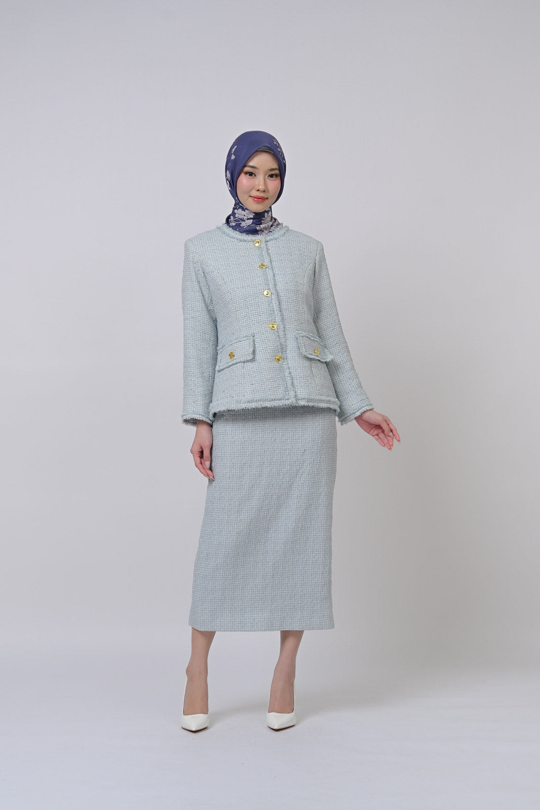 Tweed Embroidery Waistband Skirt Woven Wool Light Blue
