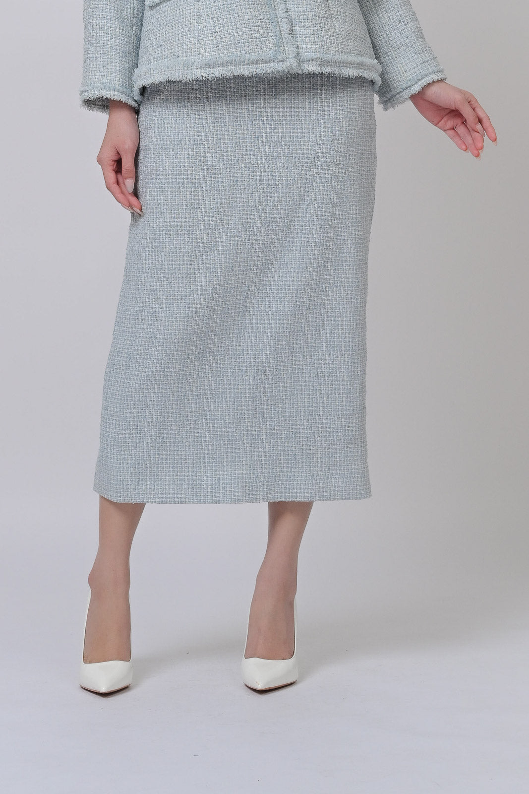 Tweed Embroidery Waistband Skirt Woven Wool Light Blue