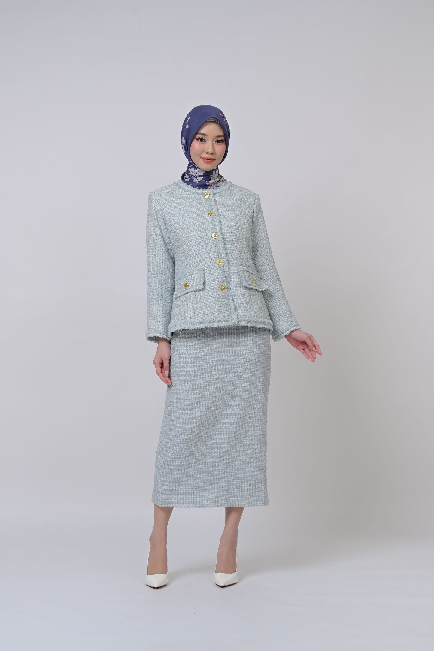 Tweed Jacket Woven Wool Outer Light Blue