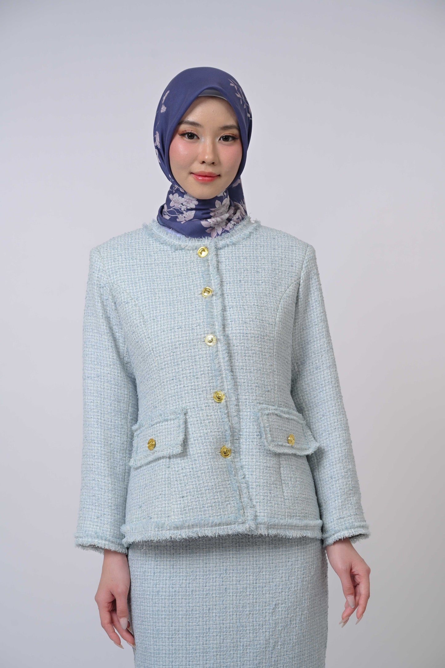 Tweed Jacket Woven Wool Outer Light Blue
