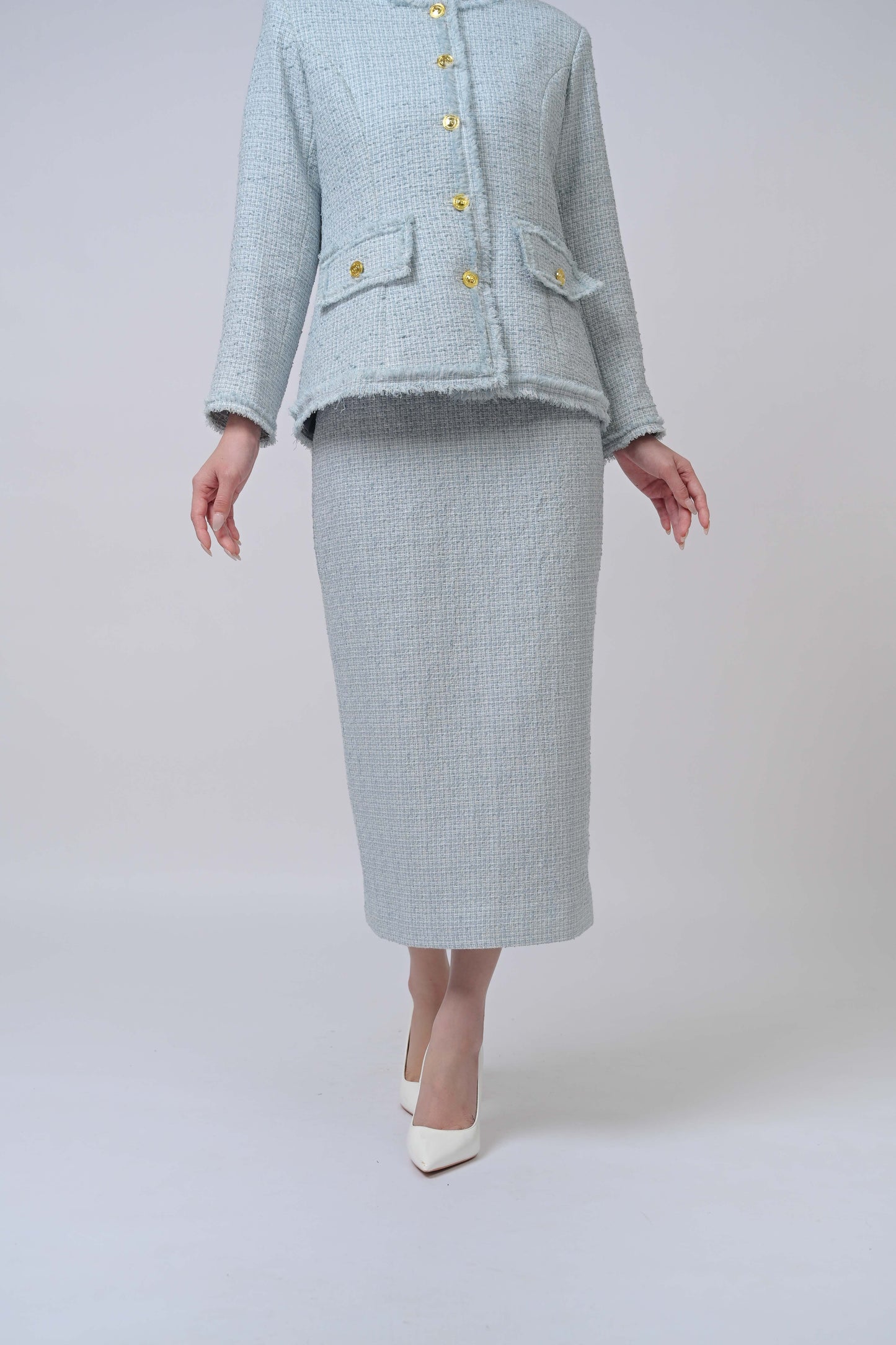 Tweed Jacket Woven Wool Outer Light Blue