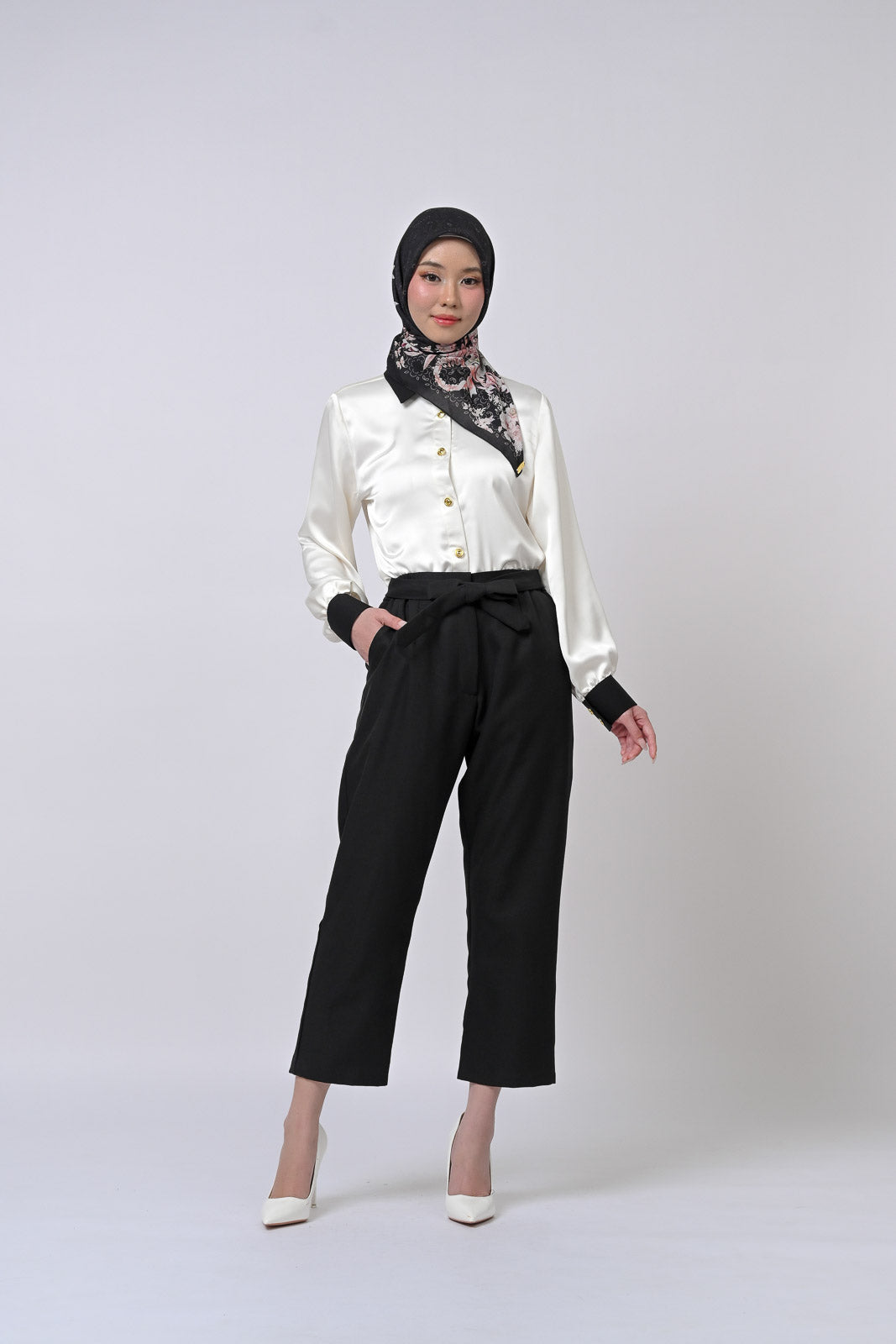 Contrast Cuff Edition - Serenata Satin Blouse Plain White
