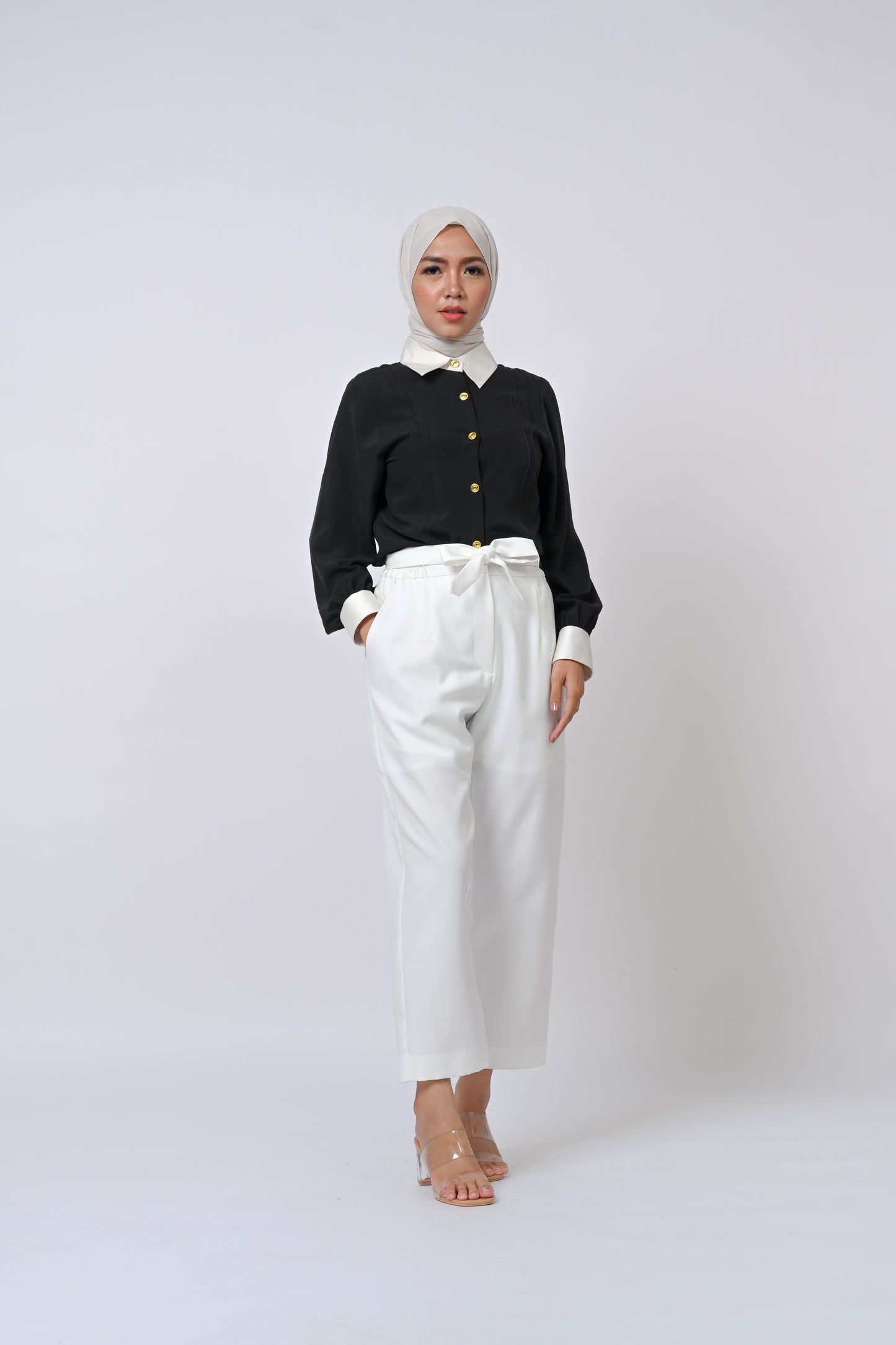 Contrast Cuff Edition - Serenata Satin Blouse Plain Black