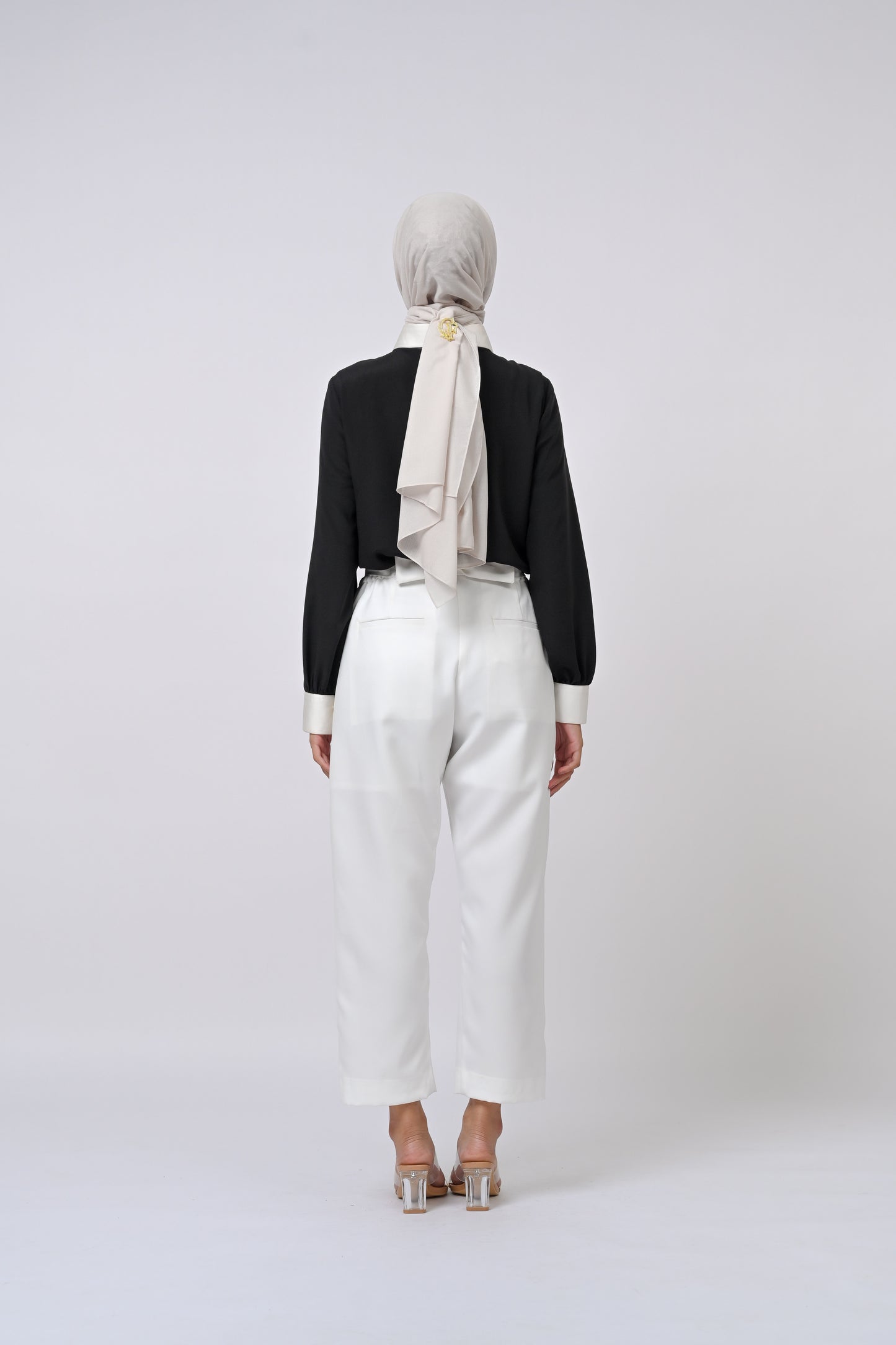 Contrast Cuff Edition - Serenata Satin Blouse Plain Black