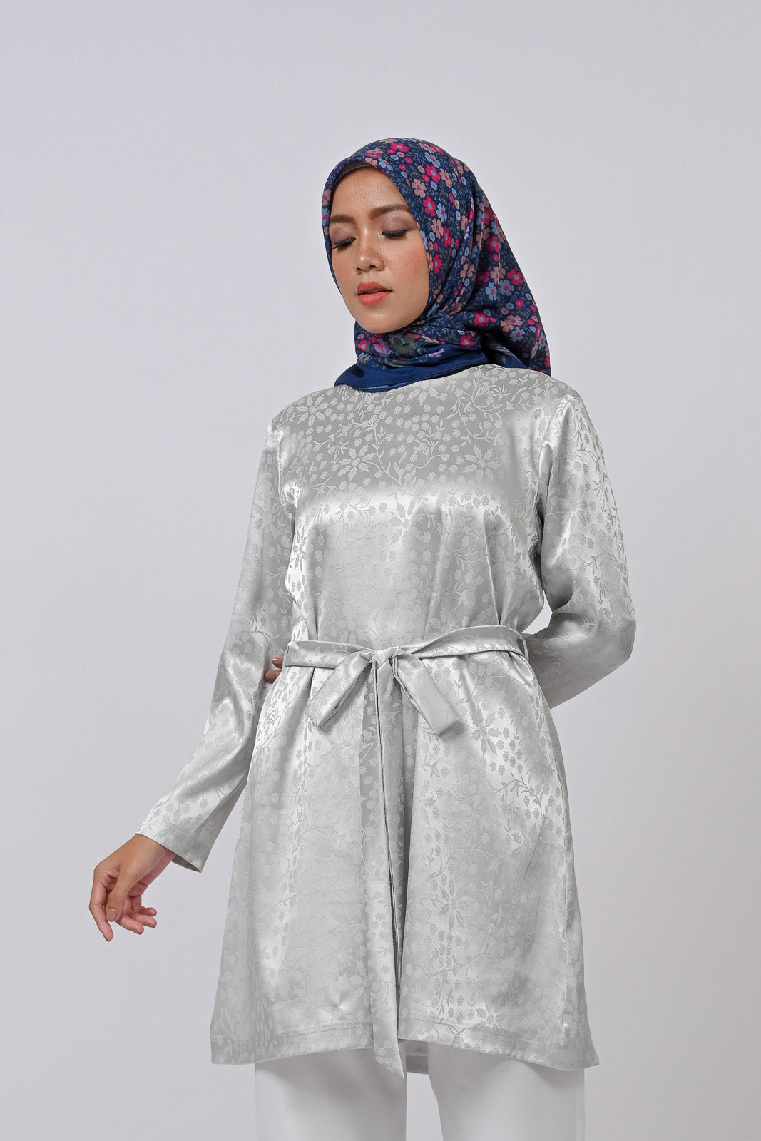 Aurora Silk Tunic Silver Botanical Modest