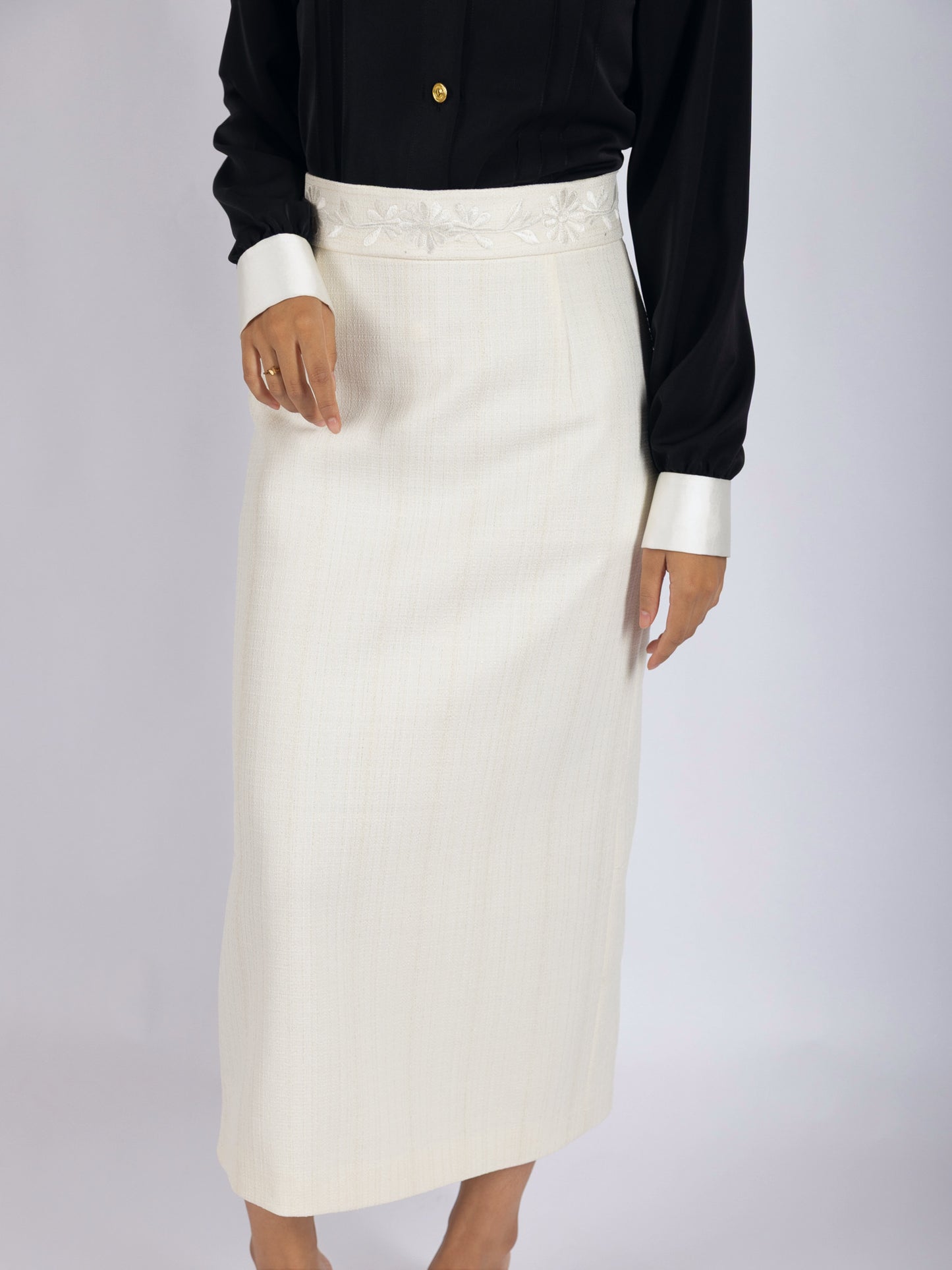 Tweed Embroidery Waistband Skirt Woven Wool Ivory Pearl