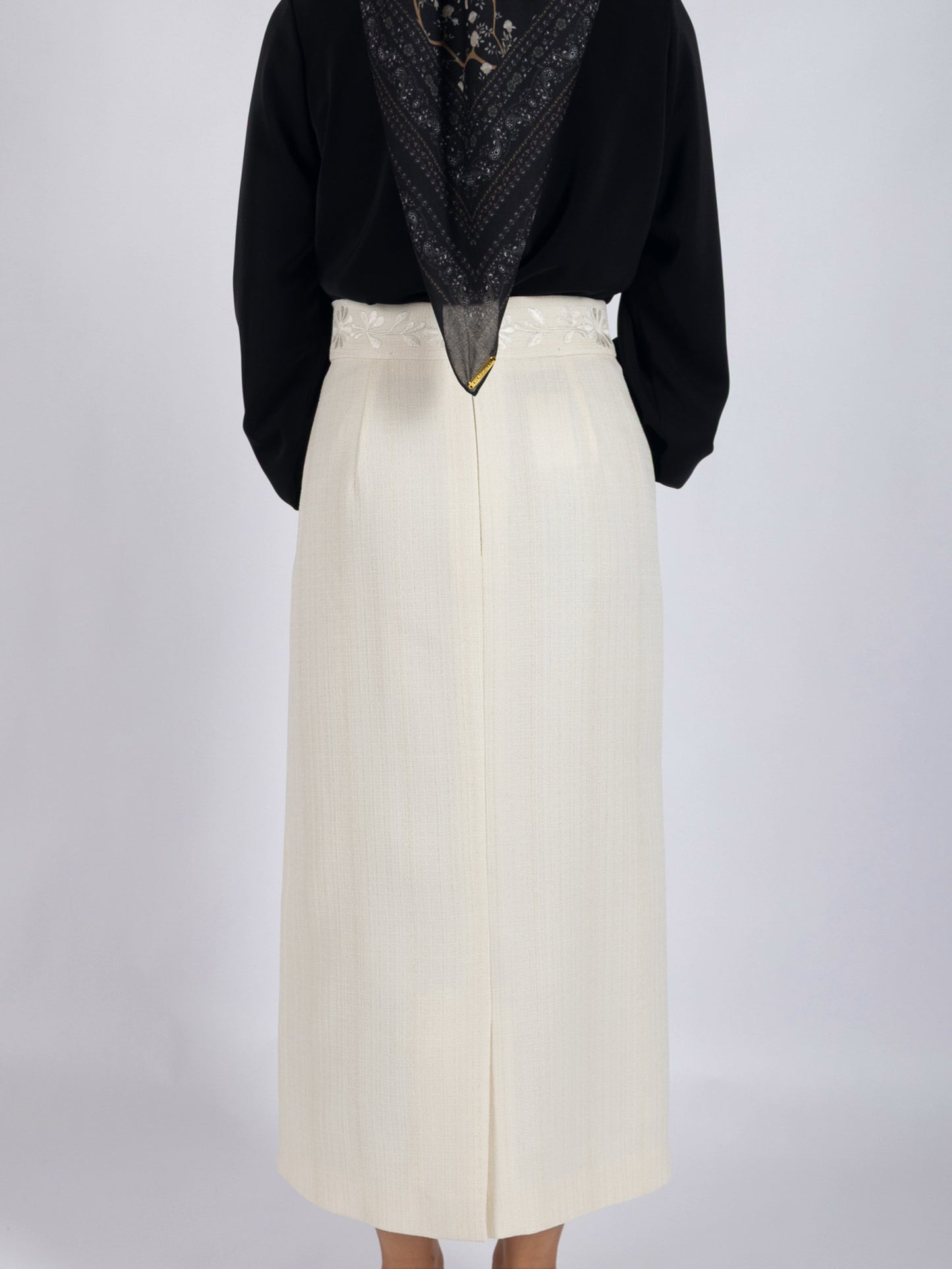 Tweed Embroidery Waistband Skirt Woven Wool Ivory Pearl