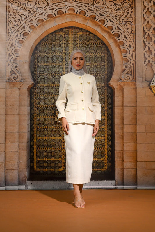 Tweed Embroidery Waistband Skirt Woven Wool Ivory Pearl