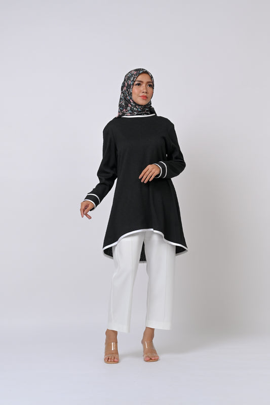 Signature Contrast Knit Top Satin Cuff Detail Black