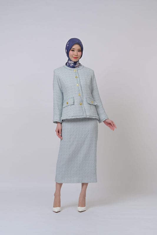 Tweed Jacket Woven Wool Outer Light Blue