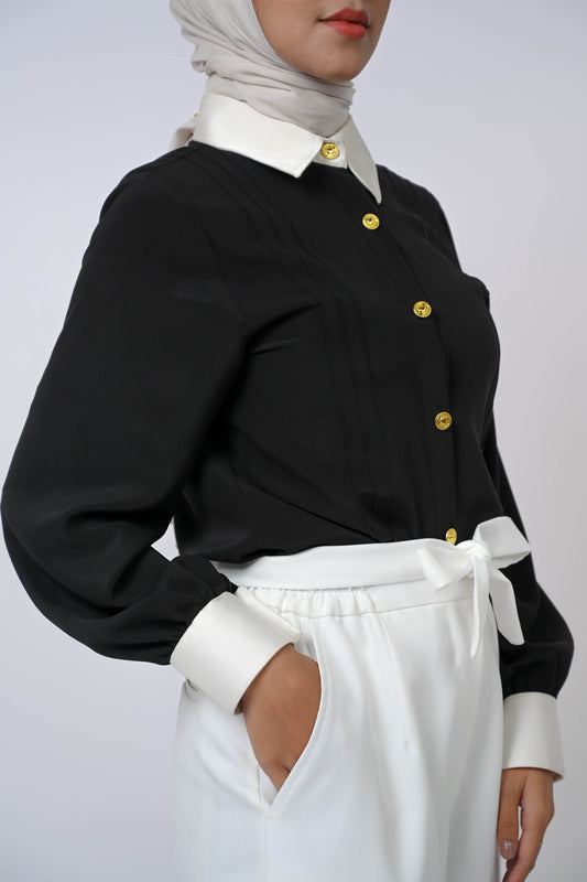 Contrast Cuff Edition - Serenata Satin Blouse Plain Black